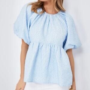 Tuckernuck Hyacinth House Powder Blue Jacquard Julia Blouse Size XS